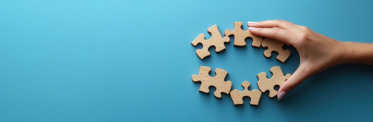 Fototapeta premium Hand Placing Human Icon on Wooden Puzzle Shaped Like Arrow, Symbolizing Customer Target or Team Building Concept, with Copy Space on Blue Background