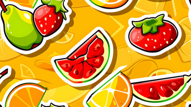 Seamless Watercolor Flat Lay Composition With Fresh Fruits With Leaves a Vibrant Pattern on a Yellow Background Print for Textile, Packaging, Banner, Decor, Wrap, Fashion, Accessories, Web, Social.