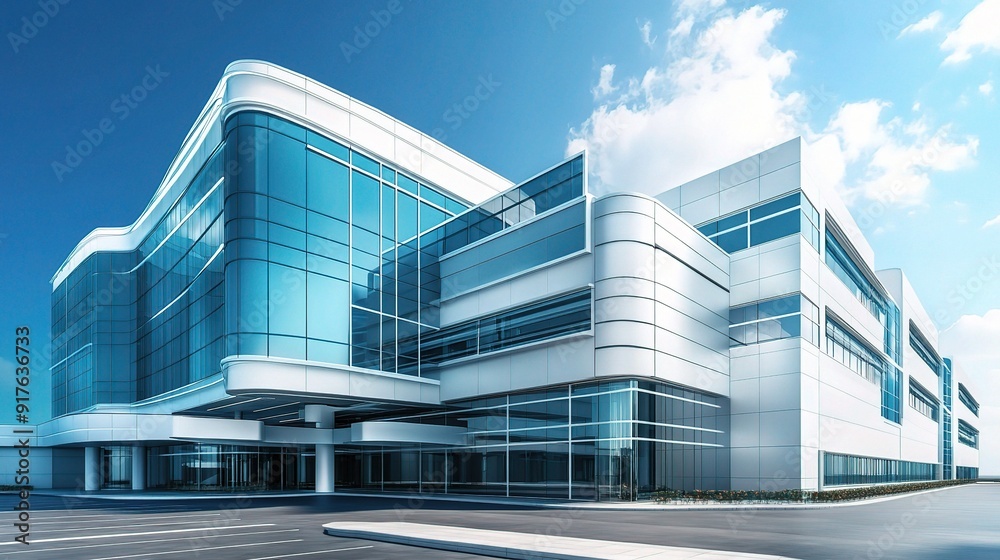 Sticker Modern Architectural Masterpiece: A gleaming white office building with expansive glass windows basks in the sunlight, showcasing a contemporary design that exudes professionalism and success. 