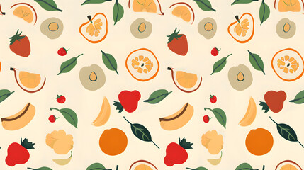 Seamless Watercolor Flat Lay Composition With Fresh Fruits With Leaves a Vibrant Pattern on a Yellow Background Print for Textile, Packaging, Banner, Decor, Wrap, Fashion, Accessories, Web, Social.