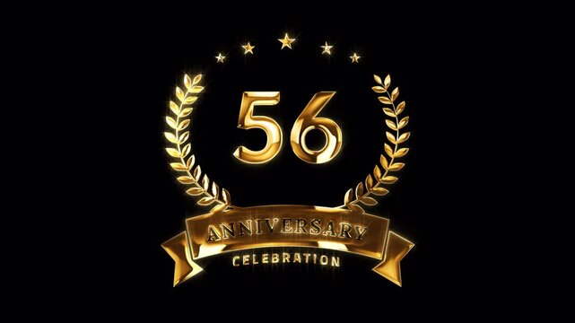 56th Anniversary Celebration. Happy 56 Years Anniversary Animation in Gold Color on the Transparent Background, Alpha Channel. Great for greetings, celebrations, events, and gifts.