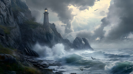 Dramatic, rocky cliffs, crashing waves, rugged, coastal, high quality, seagulls, lighthouse, stormy, wild, panoramic, breathtaking, photorealistic