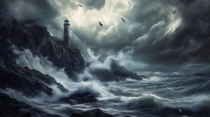 Fototapeta premium Dramatic, rocky cliffs, crashing waves, rugged, coastal, high quality, seagulls, lighthouse, stormy, wild, panoramic, breathtaking, photorealistic