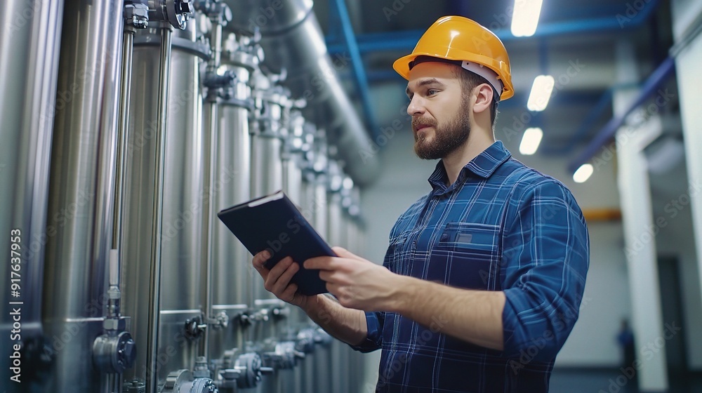 Poster Water engineer inspecting a water treatment facility, analyzing systems