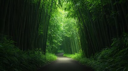 Naklejka premium Serene Pathway Through Lush Green Bamboo Forest with Sunlight Filtering Through Leaves