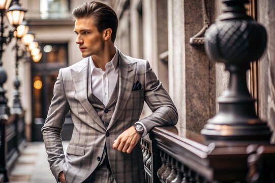 Modelo hombre joven elegante en un traje parado en un balcon