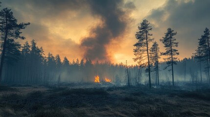 Countryside forest with cloudy sky covered by fire smoke during the evening