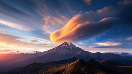 Stunning Sunset Over Majestic Mountain with Dramatic Cloud Formation and Vibrant Sky