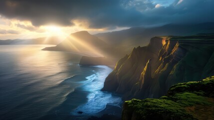 Stunning Coastal Landscape with Dramatic Cliffs and Sun Rays Breaking Through Clouds at Sunset