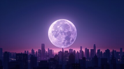 Stunning Full Moon Over Modern City Skyline at Night with Purple and Pink Sky
