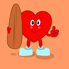 A love cartoon character with a surfboard in his hand