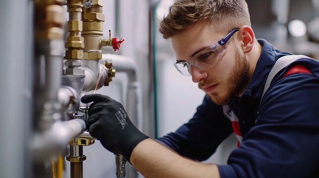 Young apprentice plumber learning to solder pipes under supervision, showcasing hands-on training