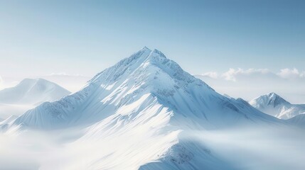 A majestic snow-capped mountain peak rises above the clouds, bathed in the soft glow of morning light.