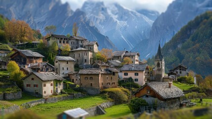 Fototapeta premium A quaint village nestled amongst snow-capped mountains. The village features a mix of traditional architecture.