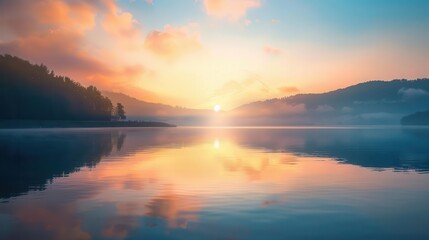 Obraz premium A serene sunrise over a tranquil lake, with mist rising from the water and mountains in the background. The sky is ablaze with vibrant colors.