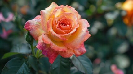 Fototapeta premium A single, vibrant orange and pink rose blooms in a lush garden setting. The petals are soft and delicate, with a hint of yellow.