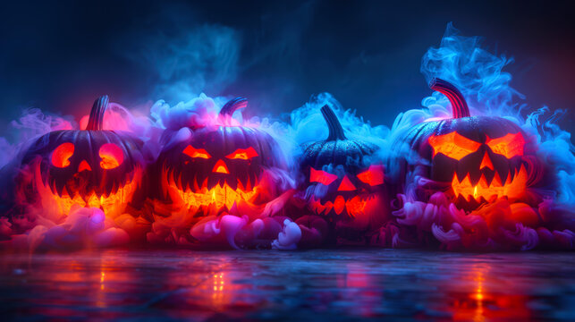 Halloween decorations. A group of pumpkins with glowing eyes and an eerie atmosphere. The action takes place in a dark room shrouded in colored smoke
