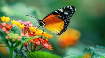 Obraz premium A vibrant orange and black butterfly with white spots perches on a cluster of colorful flowers.