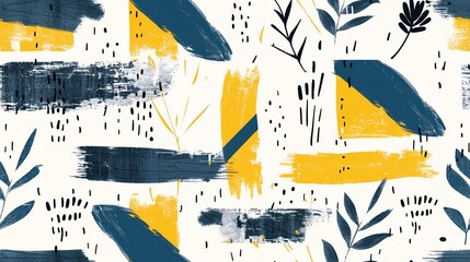 Fototapeta premium Abstract artistic pattern with blue and yellow brush strokes and leaves. Modern and colorful background design