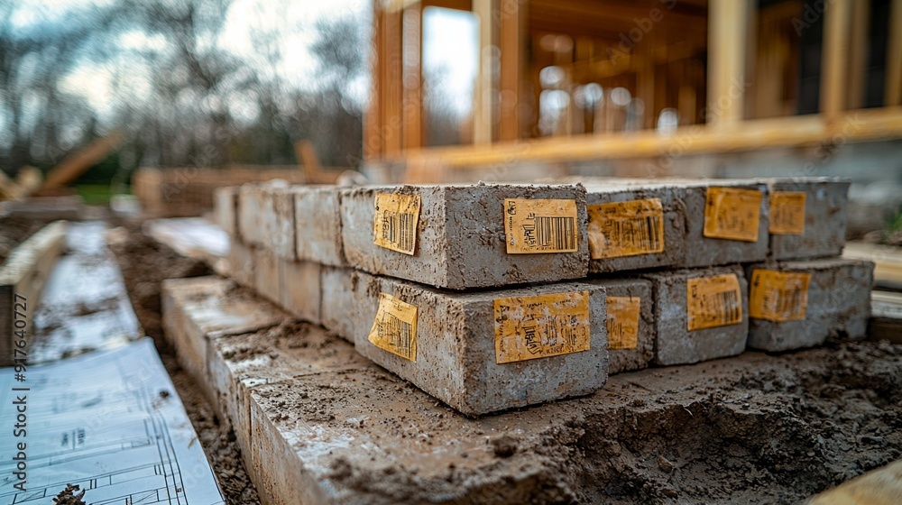 Wall mural stack of concrete foundation blocks with price tags attached. partially constructed foundation wall 