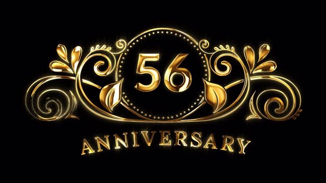 56th Anniversary Celebration. Happy 56 Years Anniversary Animation in Gold Color on the Transparent Background, Alpha Channel. Great for greetings, celebrations, events, and gifts.