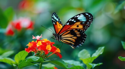 Naklejka premium Closeup butterfly sucking nectar from beautiful color flowers