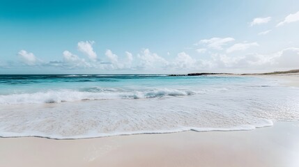Serene Beachscape: Gentle Waves, Clear Blue Sky, and Soft White Sand Crafting a Tranquil, Spacious Seaside Atmosphere
