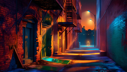 Title: An abandoned alleyway at dusk rendered in vibrant digital

