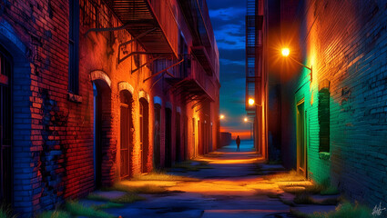 Title: An abandoned alleyway at dusk rendered in vibrant digital

