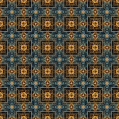 Brightly colored symmetrical seamless pattern created with the help of generative AI and suitable for wallpapers, textures, 3D maps and more