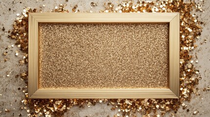 Fototapeta premium Gold (bronze) glitter empty frame on beige gray paper background
