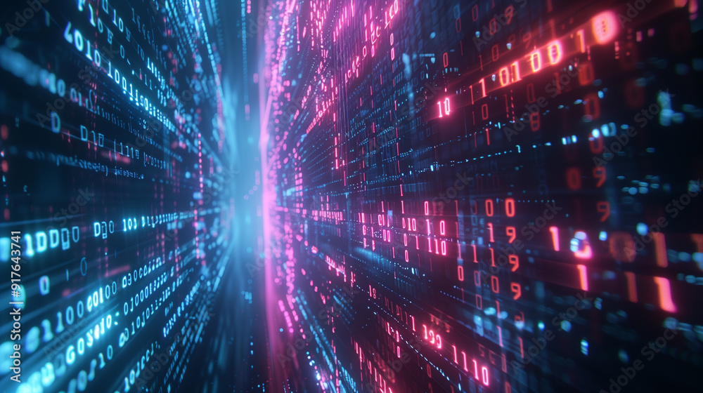 Poster technology wallpaper tech background with flowing streams of binary code and digital data