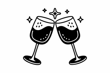 Clink glasses champagnes black vector icon. Two wine glass cheers vector icon. Celebrate party
