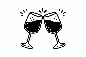 Clink glasses champagnes black vector icon. Two wine glass cheers vector icon. Celebrate party

