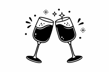 Clink glasses champagnes black vector icon. Two wine glass cheers vector icon. Celebrate party
