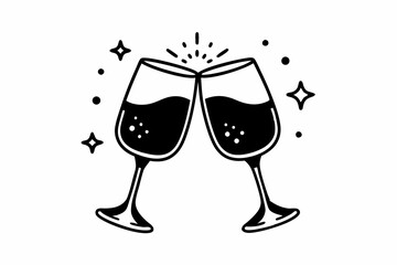 Clink glasses champagnes black vector icon. Two wine glass cheers vector icon. Celebrate party
