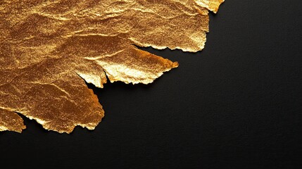 Gold glitter and bronze color block. Abstract torn piece of metal leaf (petal) paper on black background.