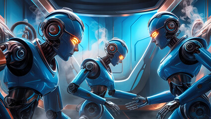 Title: Oil painting depicting futuristic robots and sleek machinery

