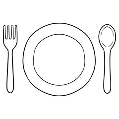 fork plate and spoon illustration hand drawn outline vector