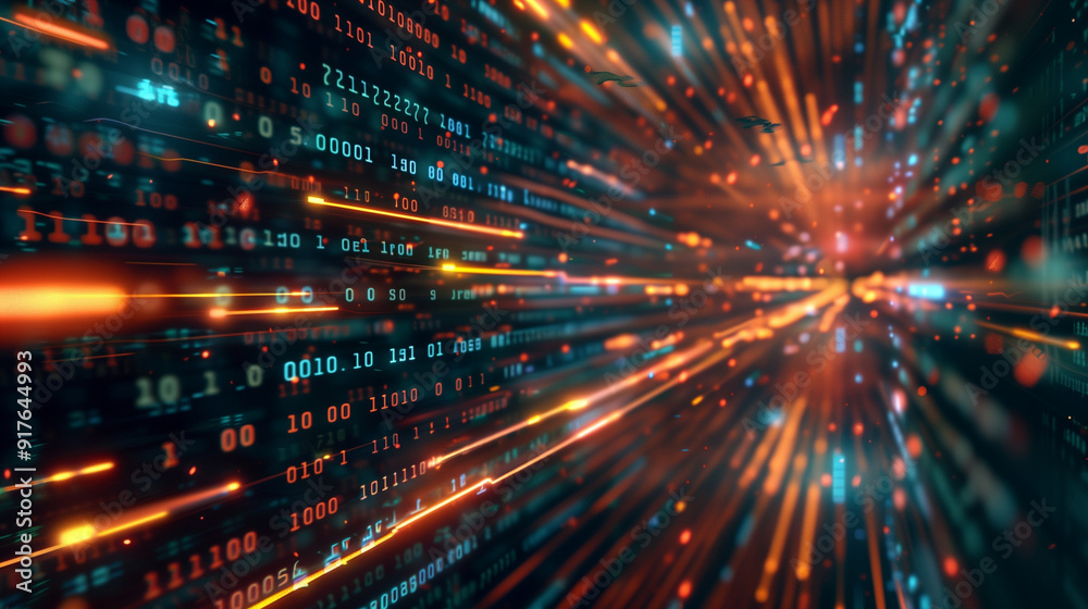 Poster technology wallpaper tech background with flowing streams of binary code and digital data