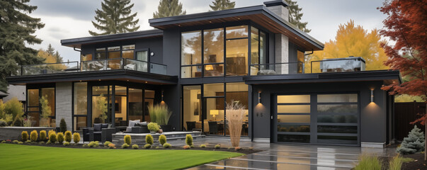 Obraz premium a modern two-story house with large glass windows and a sleek exterior design