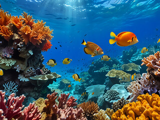 A colorful reef with many fish swimming around. The fish are orange and yellow. The water is clear and blue