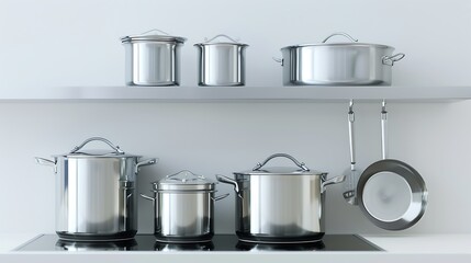 A shiny stainless steel cookware set arranged on a modern kitchen shelf, with a few gleaming pots and pans - Minimalist style