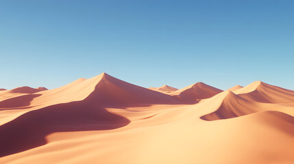 Fototapeta premium Vast, arid desert, golden sand dunes, endless horizons, high quality, photorealistic, tranquil, remote, camel caravan, nomadic, breathtaking, clear blue sky, oasis, solitude