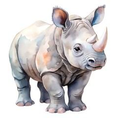 Fototapeta premium Watercolor Illustration of Cute Baby Rhino with Colorful Details on White Background