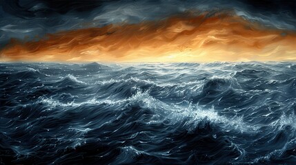 Fototapeta premium Dramatic Ocean Waves Under Fiery Sky at Sunset - Stunning Seascape Captures Nature's Power and Beauty in Intense Colors and Motion