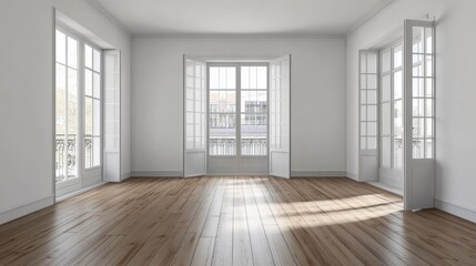 Interior of empty spacious living room with white walls and laminated floor