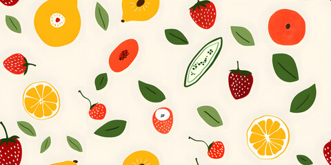 Seamless Watercolor Flat Lay Composition With Fresh Fruits With Leaves a Vibrant Pattern on a Yellow Background Print for Textile, Packaging, Banner, Decor, Wrap, Fashion, Accessories, Web, Social.