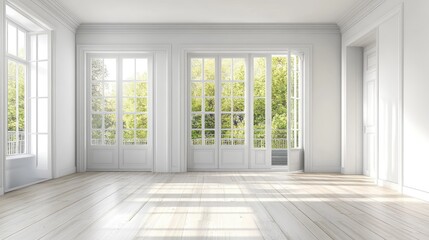 Interior of empty spacious living room with white walls and laminated floor