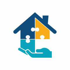Puzzle House Logo Template Design. Hand puzzle logo design vector art Illustration.